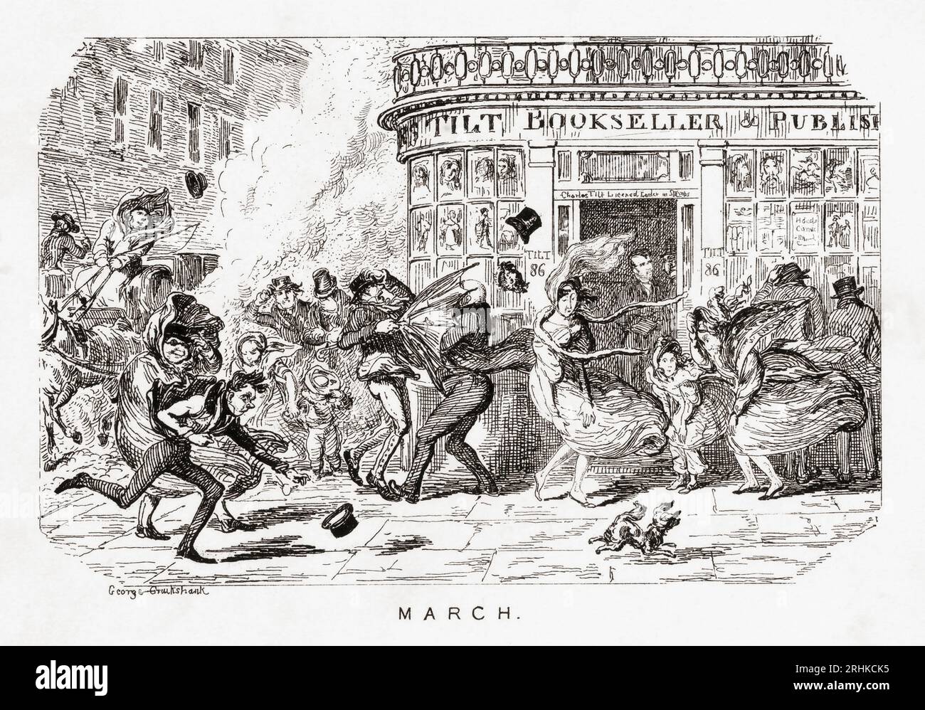 Pedestrians in front of Charles Tilt's bookshop on the corner of 86 Fleet Street and St. Bride’s Avenue battle the mad, March winds.  After the work by George Cruikshank. Stock Photo