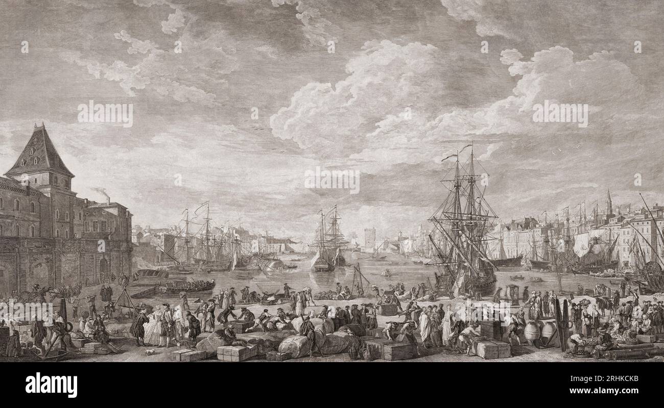 Panoramic view of the harbour of Marseille.  From an engraving dated 1760 by engravers Charles Nicolas Cochin and  Jacques-Philippe Le Bas, after the painting by Claude Joseph Vernet. Stock Photo