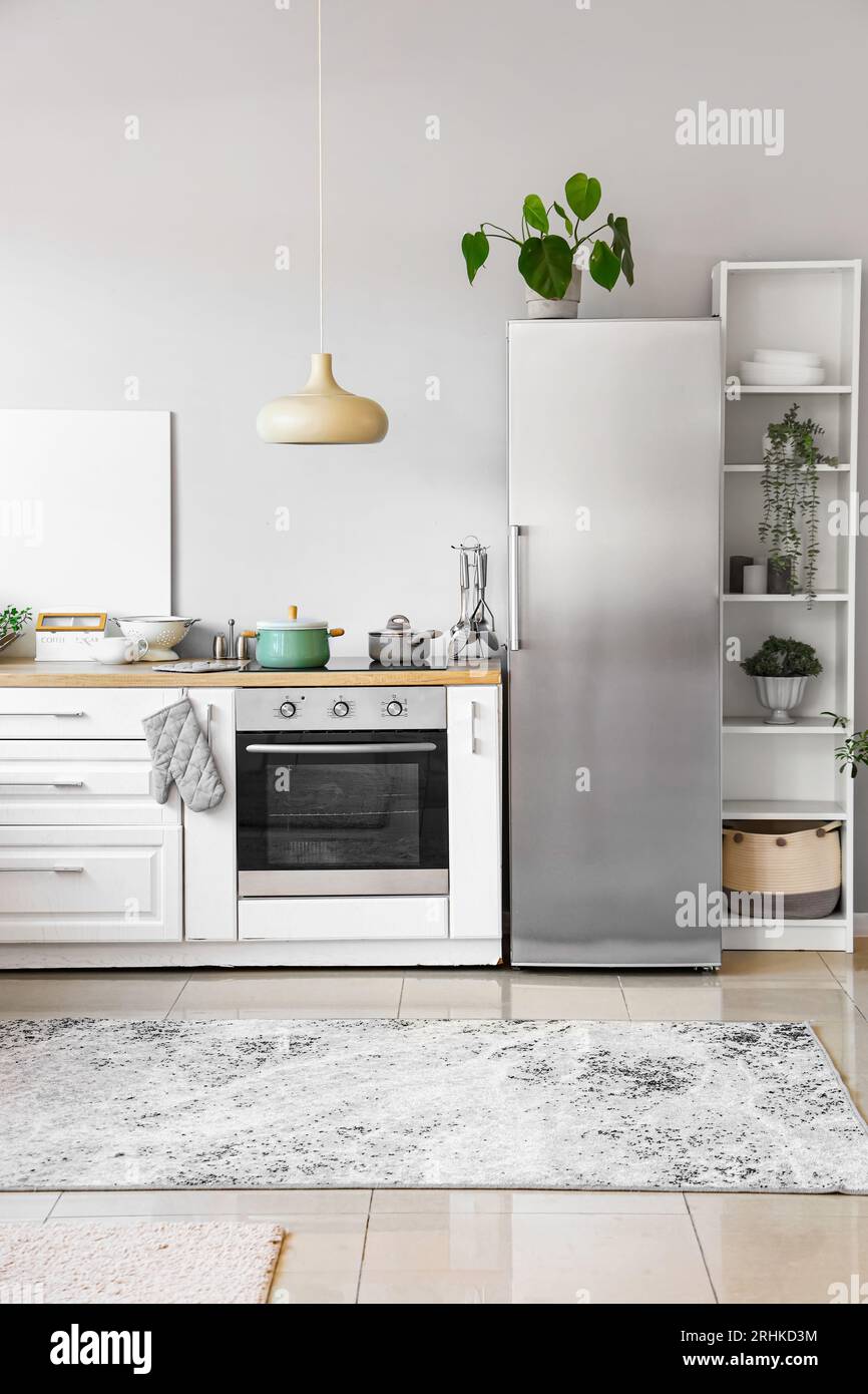Interior of light kitchen with stylish fridge, counters and shelving ...