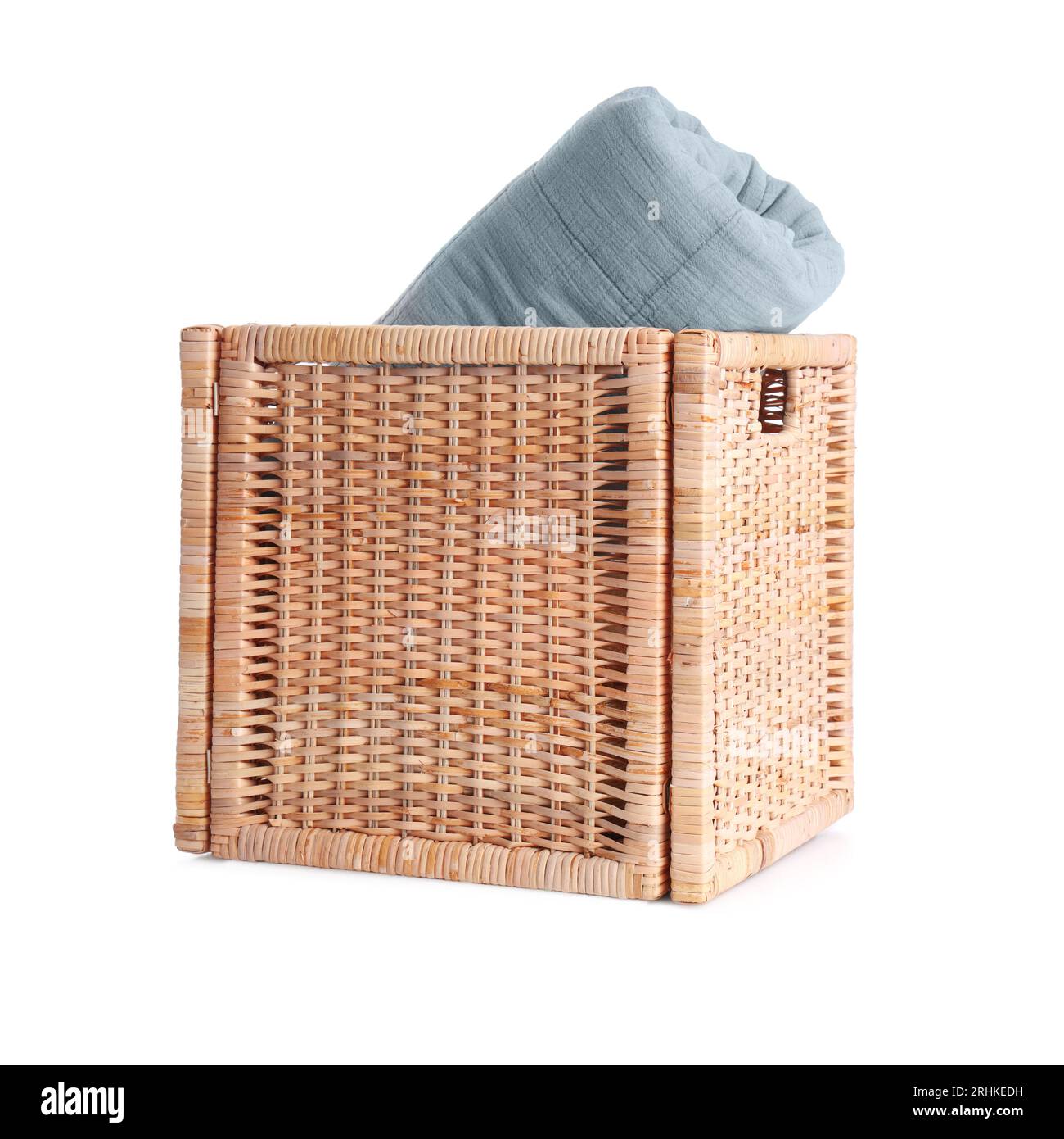 Wicker basket with blanket isolated on white background Stock Photo Alamy