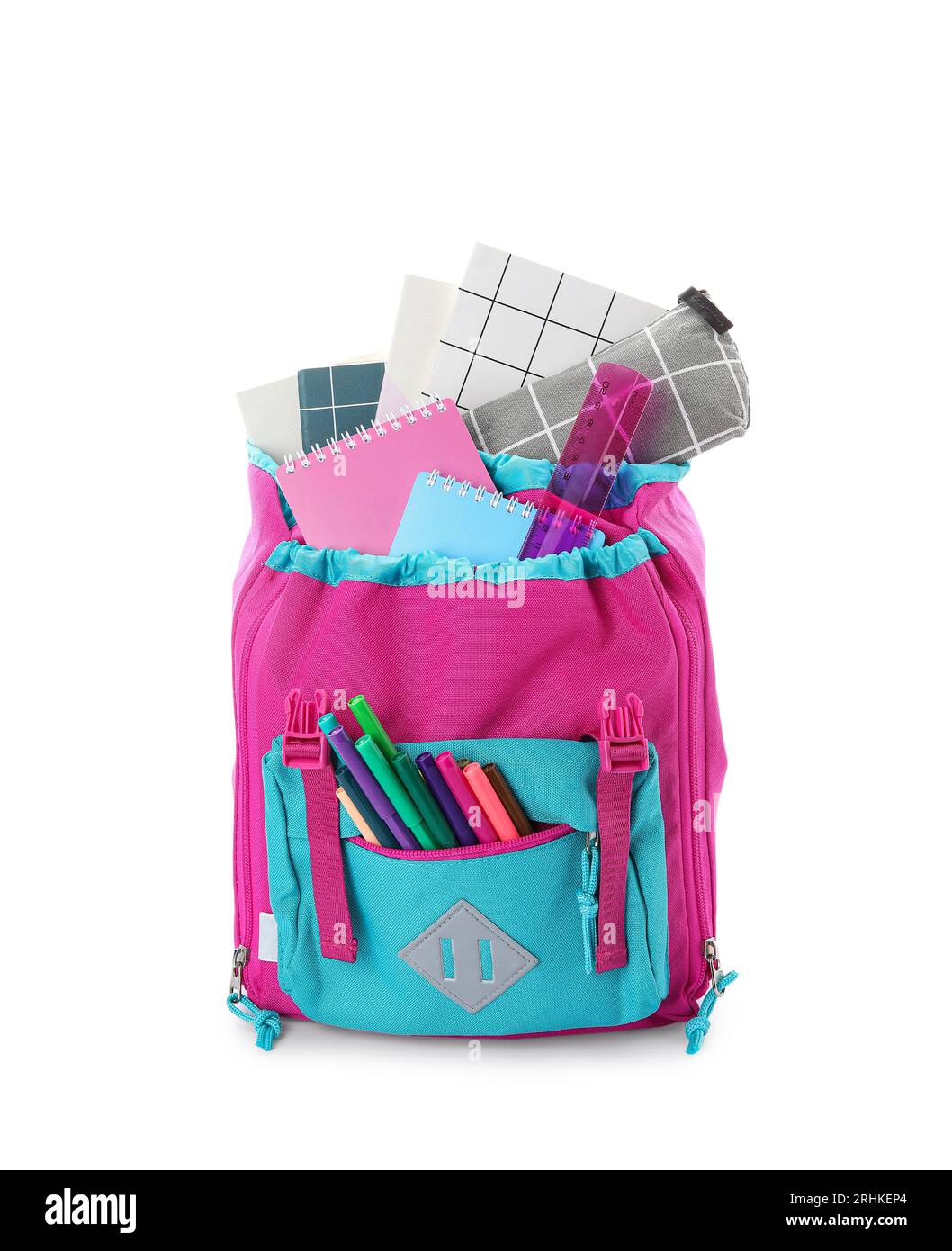 Stylish school backpack with different stationery on white background