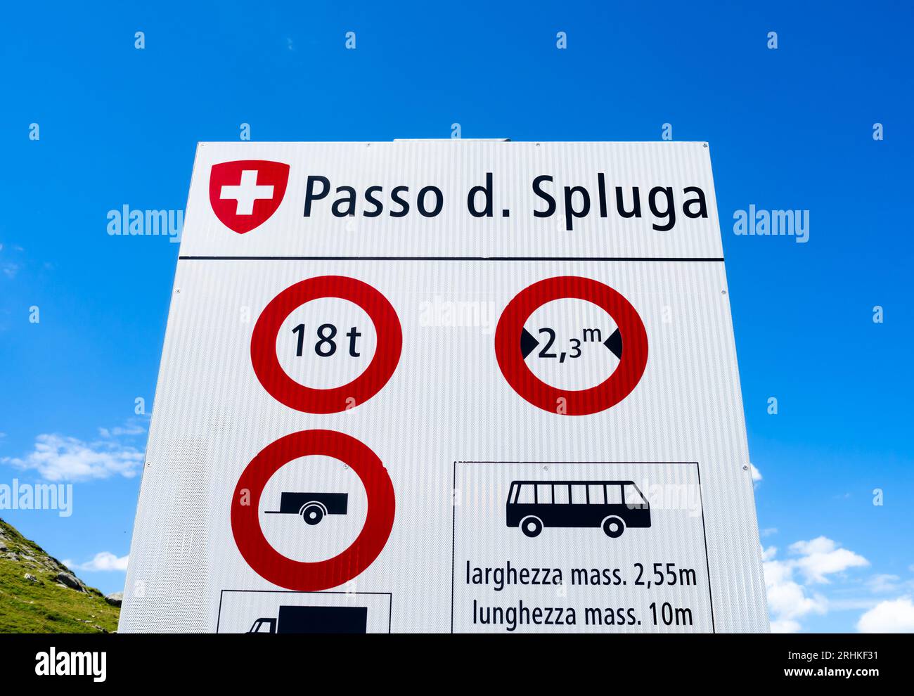 Splugenpass, Switzerland - July 9, 2023: The Splugenpass road connects the Swiss town of Splugen on the Hinterrhein with Chiavenna in the Italian part Stock Photo