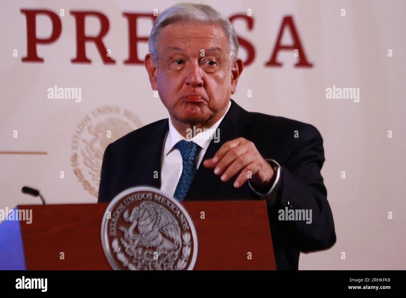 Mexico City, Mexico. 16th Aug, 2023. 16 de agosto de 2023 en Ciudad de México, México: El presidente de México, Andrés Manuel López Obrador, habla en la conferencia mañanera frente a reporteros en palacio nacional, el 16 de agosto de 2023 en la Ciudad de México, México. (Foto por Carlos Santiago/ Grupo Eyepix)/Eyepix Group Credit: Sipa USA/Alamy Live News Stock Photo