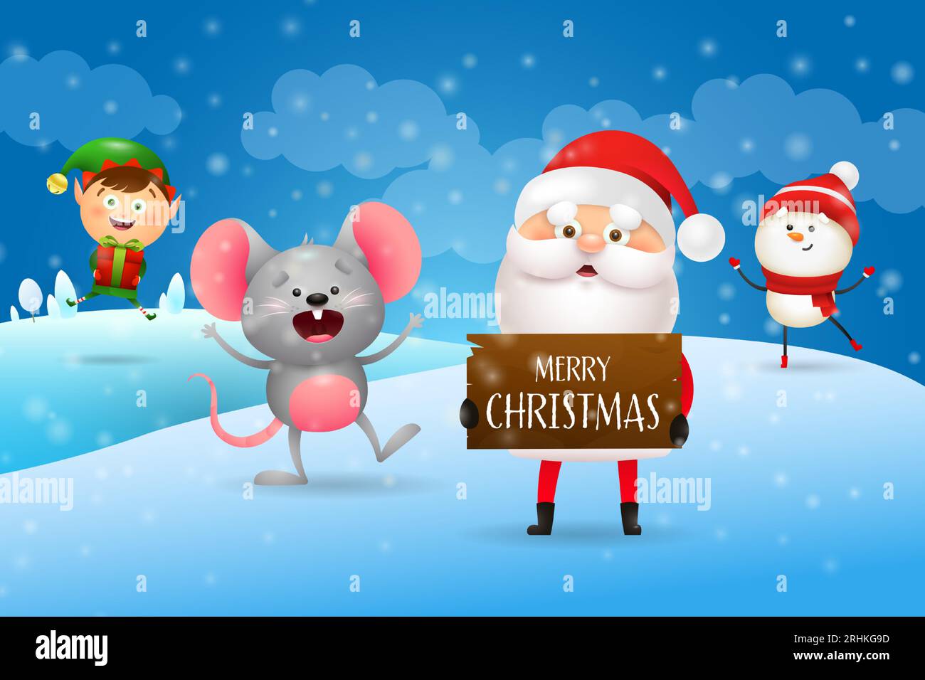 Merry Christmas banner with Santa and cartoon characters Stock Vector ...