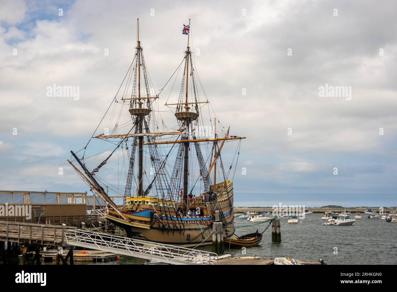 Mayflower II is Plimoths full scale reproduction tall ship at her berth at State pier in Pilgrim memorial state park in Plymouth MA Stock Photo