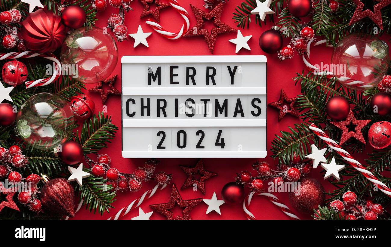 Marry Christmas banner concept.White board with text Happy Xmas 2024