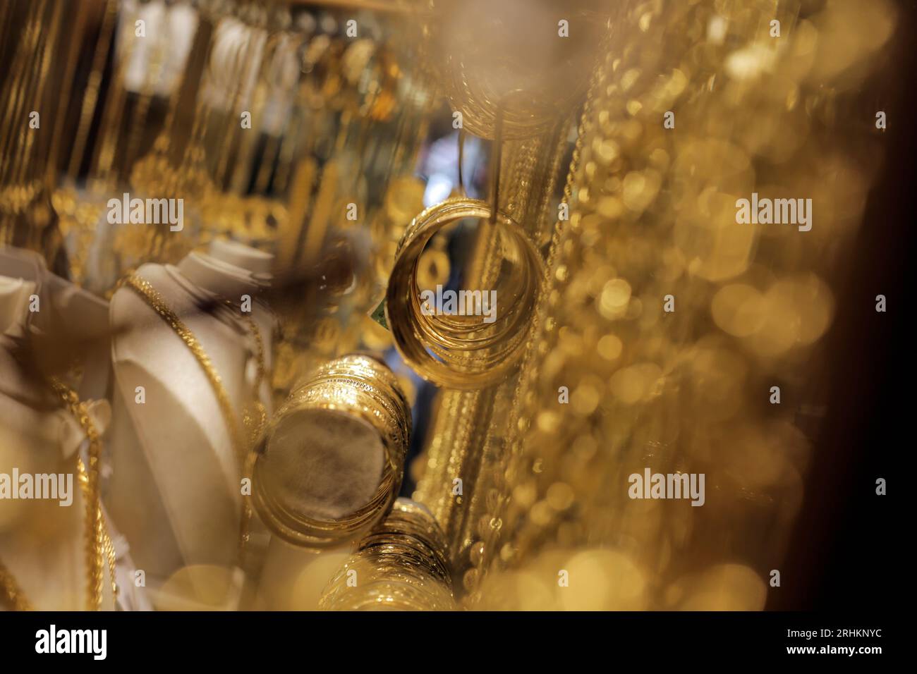 Gaza, Palestine. 17th Aug, 2023. Gold jewelries are seen on display at ...