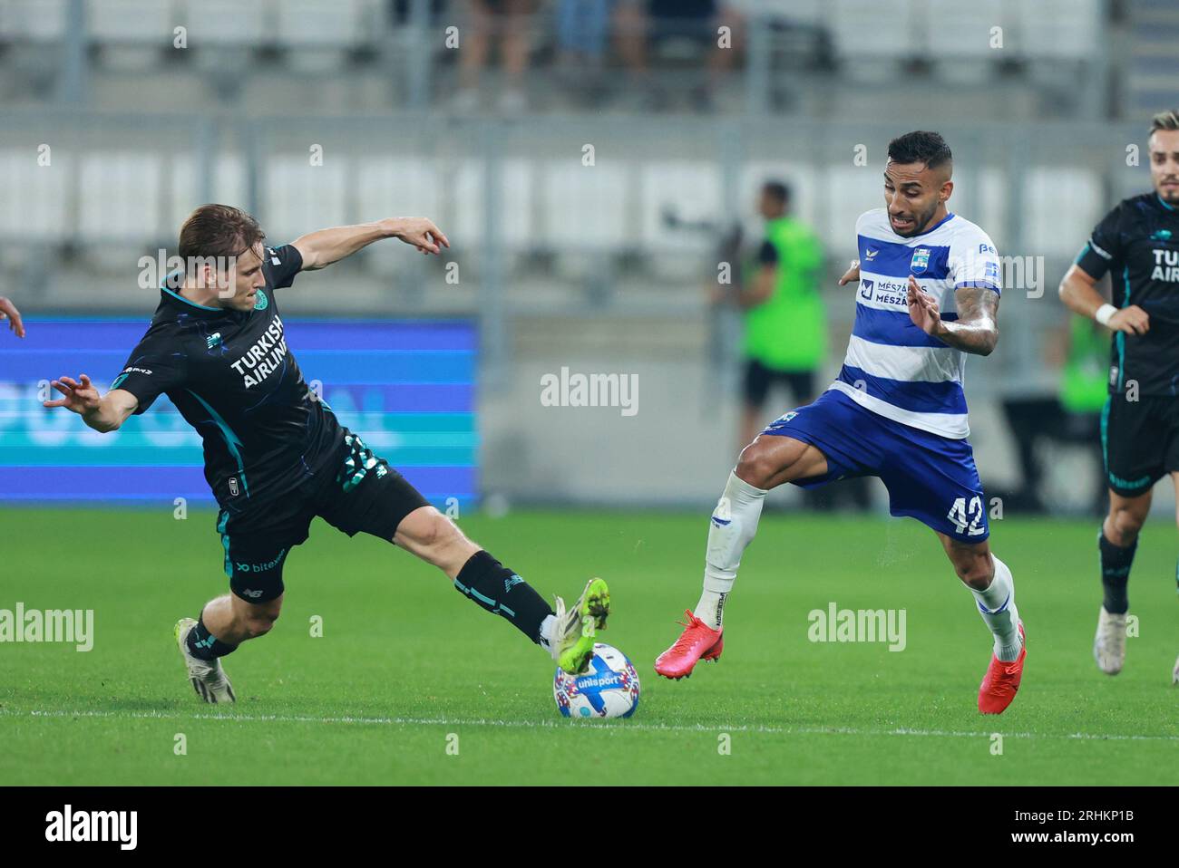 Osijek, Croatia. 17th Aug, 2023. Jonas Svensson of Adana Demirspor and Renan Guedes of Osijek competes for the ball during the UEFA Europa Conference League 3rd qualifying round second leg match between Osijek and Adana Demirspor at Opus Arena in Osijek, Croatia on August 17, 2023 in Osijek, Croatia. Photo: Davor Javorovic/Pixsell Credit: Pixsell/Alamy Live News Stock Photo