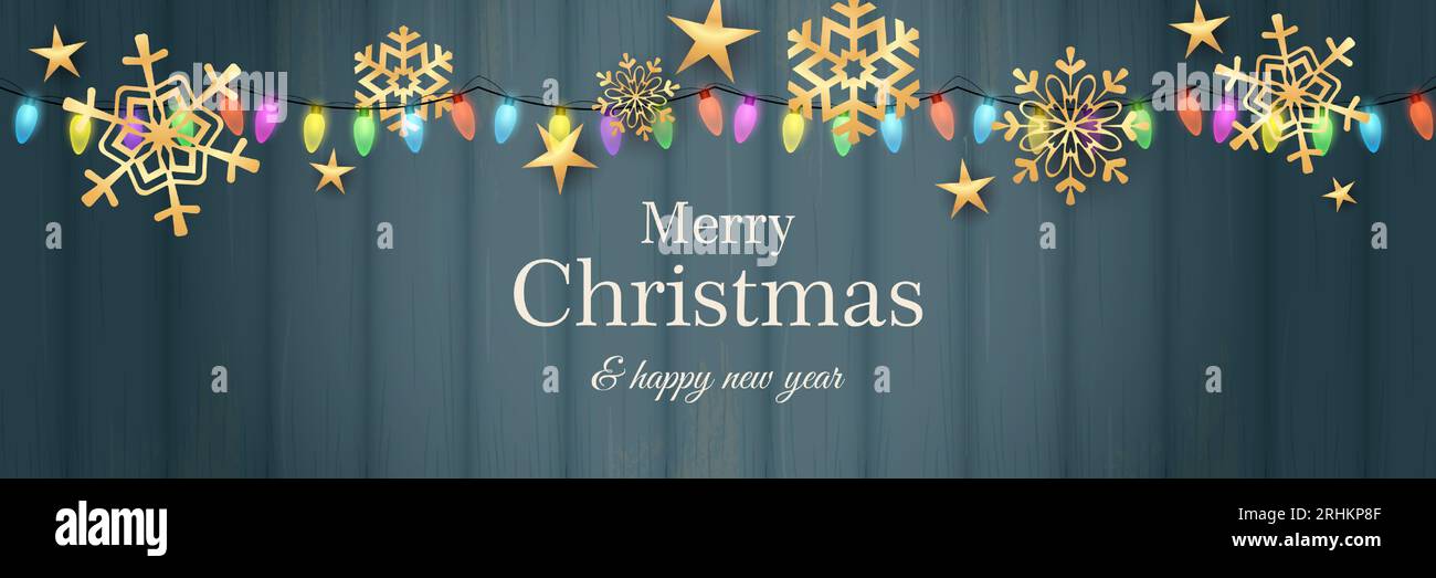 Merry Christmas banner with flakes on blue wooden ground Stock Vector ...