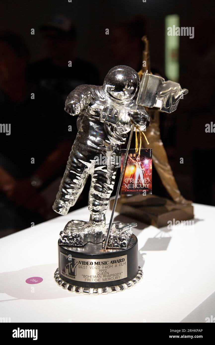 Freddie Mercury's MTV Video Music award (1992) Sotheby's A World of His Own exhibition, London, UK Stock Photo