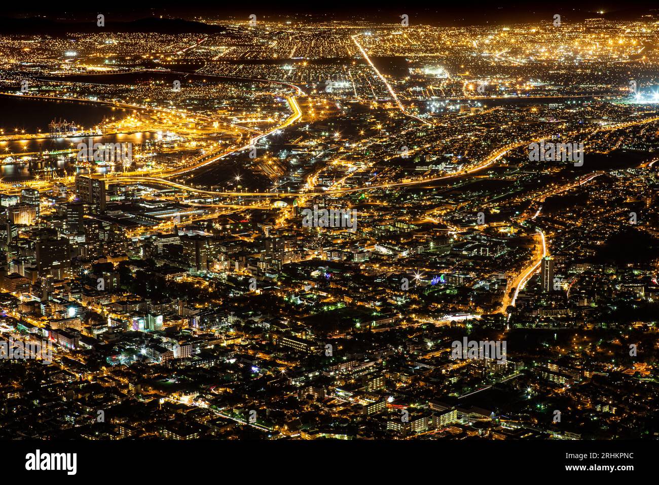 Nightscape photograph of Cape Town city area with streetlights and building lights and roads South Africa Stock Photo