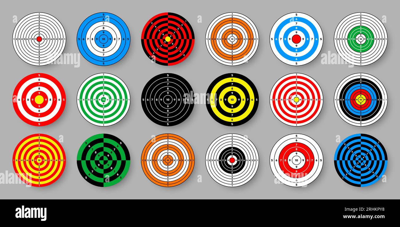 Shooting range paper targets. Round target with divisions, marks and numbers. Archery, gun shooting practise and training, sport competition and Stock Vector