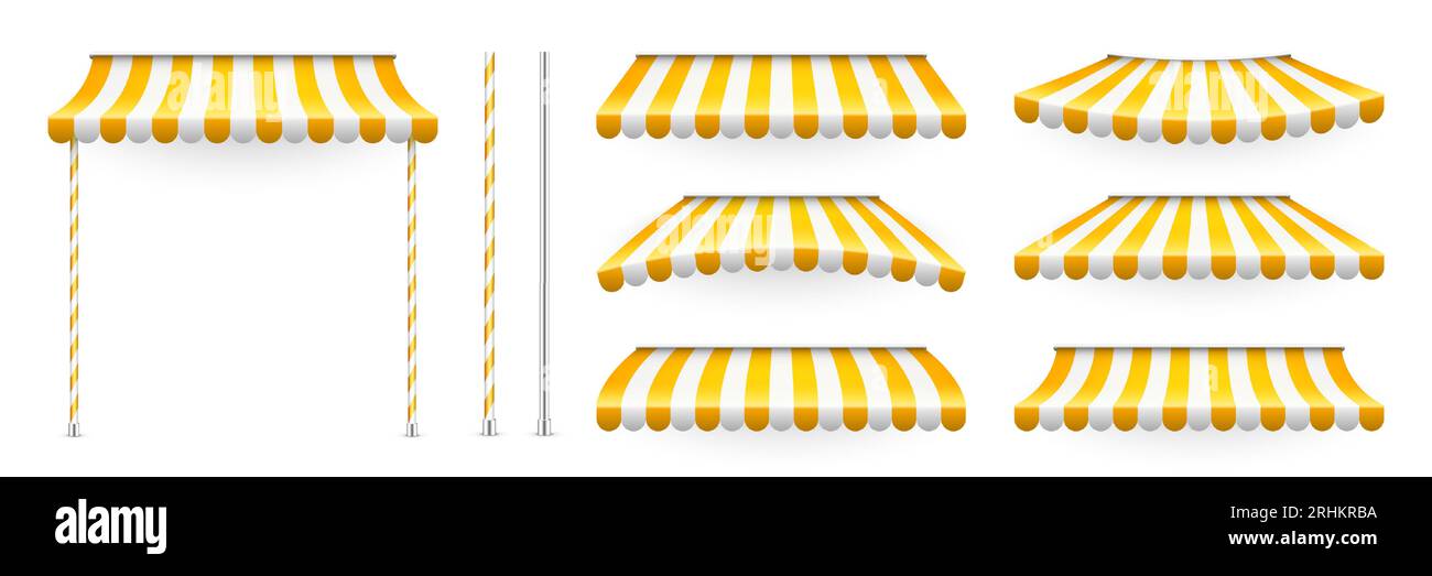 Yellow shop sunshade with stand holders. Realistic striped cafe awning ...
