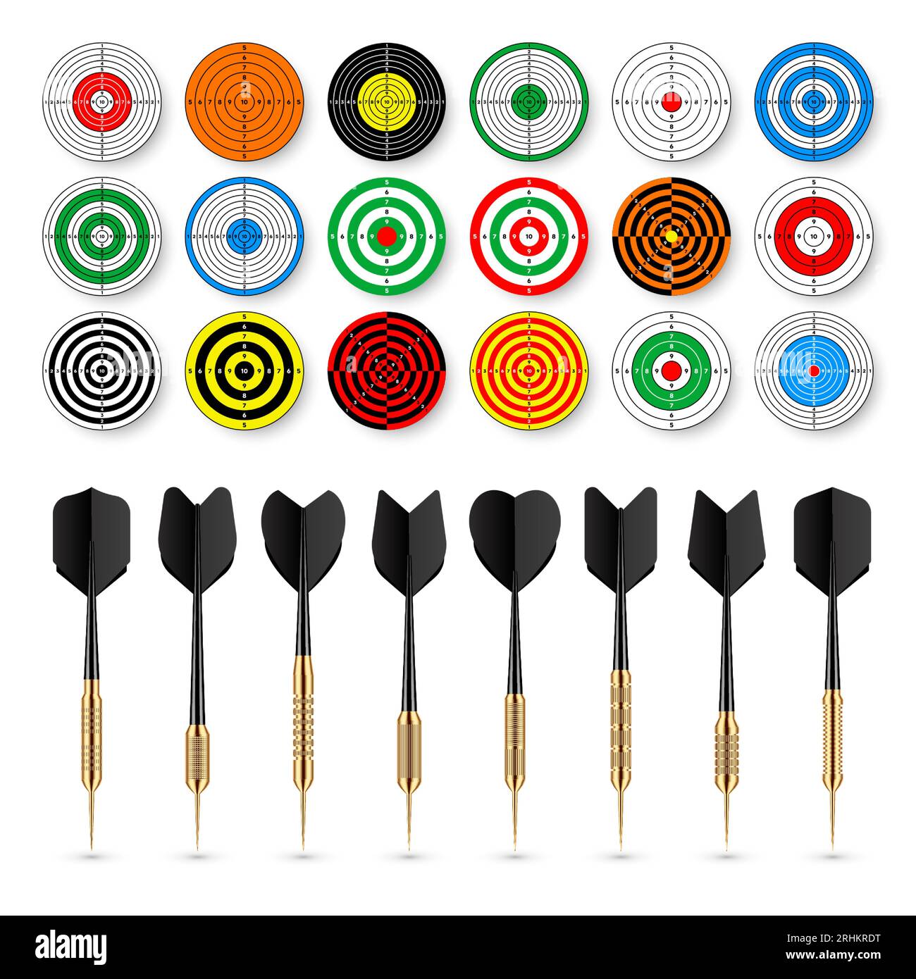 Paper targets with dart arrows and shadows. Shooting range round target