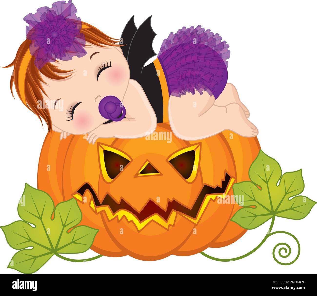 Vector Little Caucasian Baby Girl in Halloween Costume Sleeping on