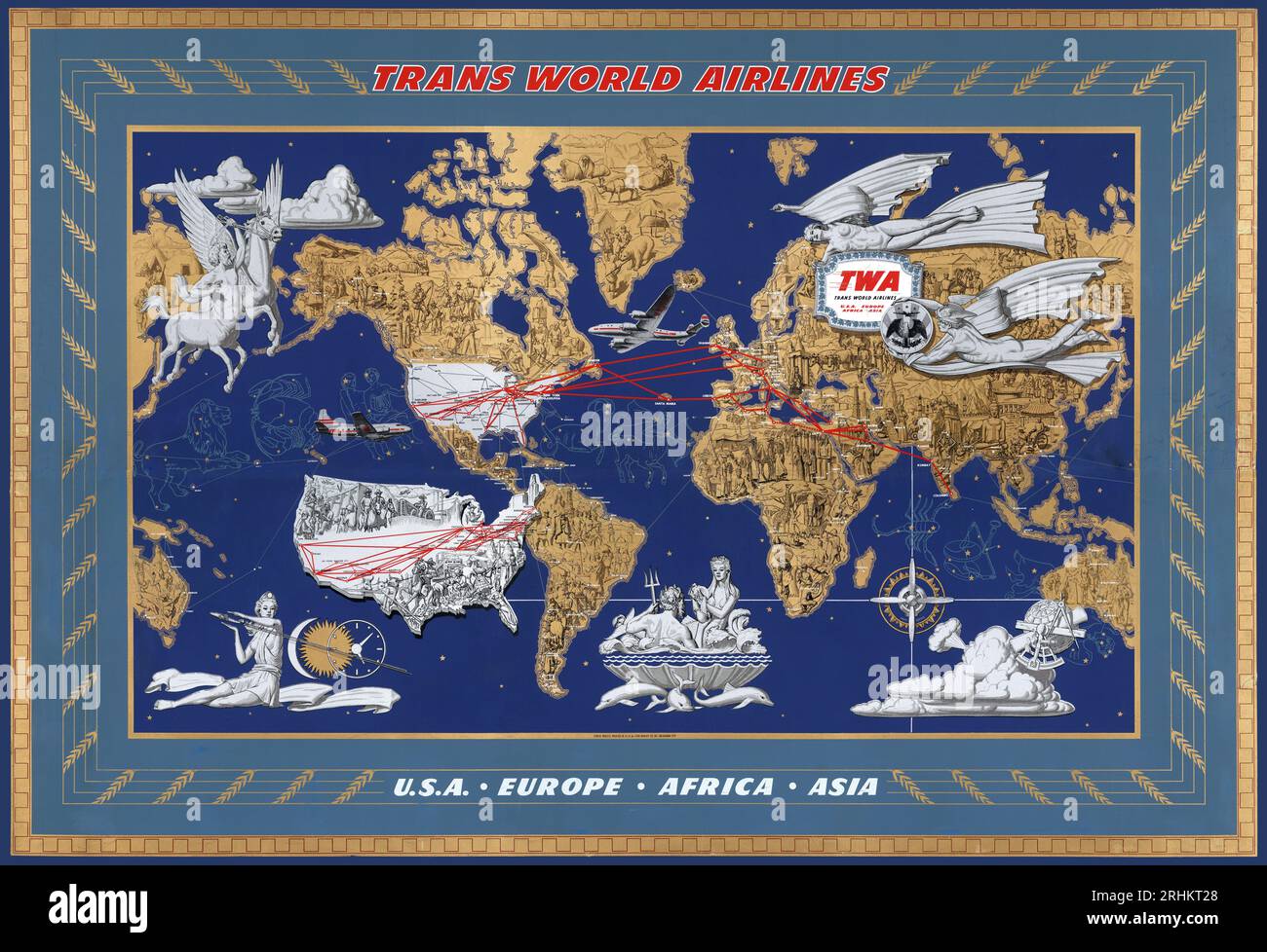 Decorative pictorial map of the world - Trans World Airlines, TWA airline poster - travel poster, 1946 Stock Photo