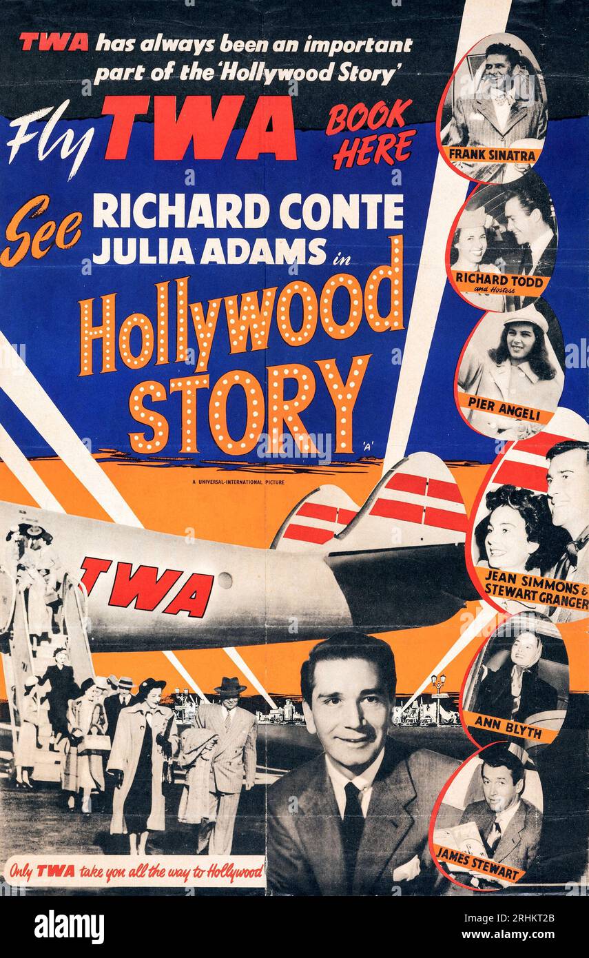 TWA Hollywood Story - Fly TWA (1950) Travel Poster feat Frank Sinatra, James Stewart, Richard Conten and Julia Adams Stock Photo