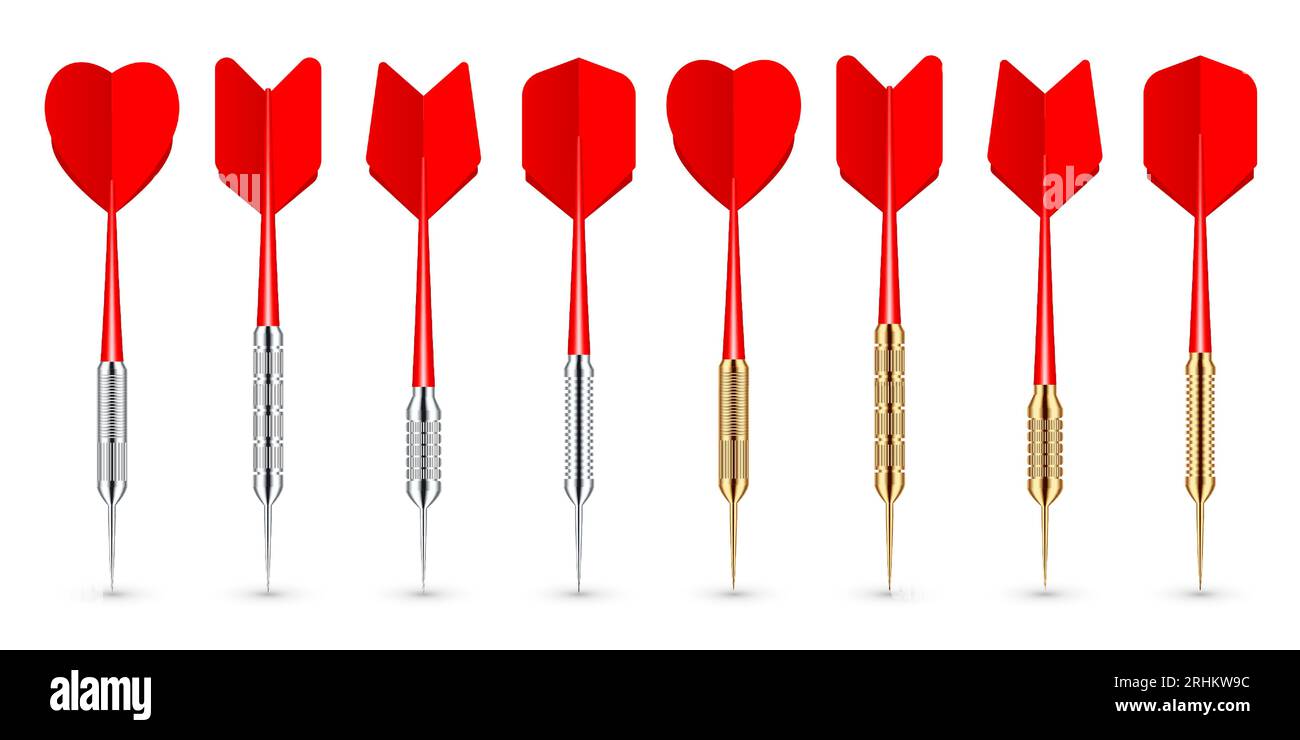 Red dart arrows with metal tip and shadow. Dart throwing sport game