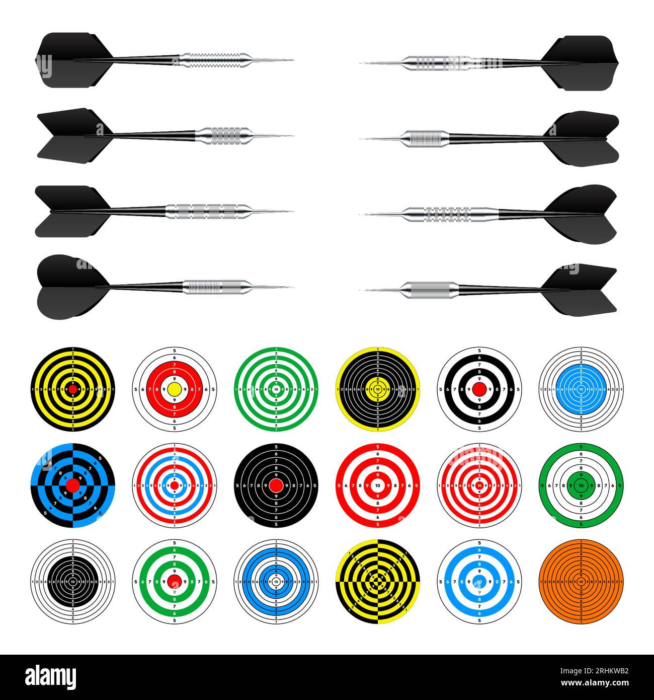 Paper targets with dart arrows. Shooting range round target, divisions