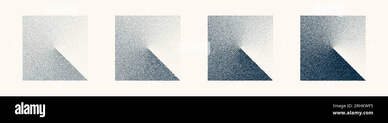 Square shaped dotted objects, vintage stipple elements. Stippling, dotwork drawing shading using dots. Halftone disintegration effect. White noise Stock Vector