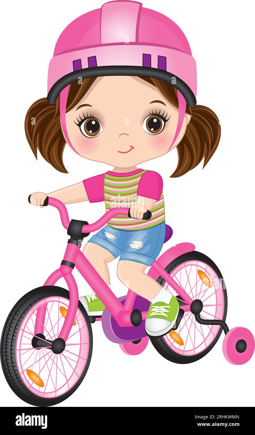 Vector Cute Happy Girl Learning to Ride Bicycle Stock Vector Image Art Alamy