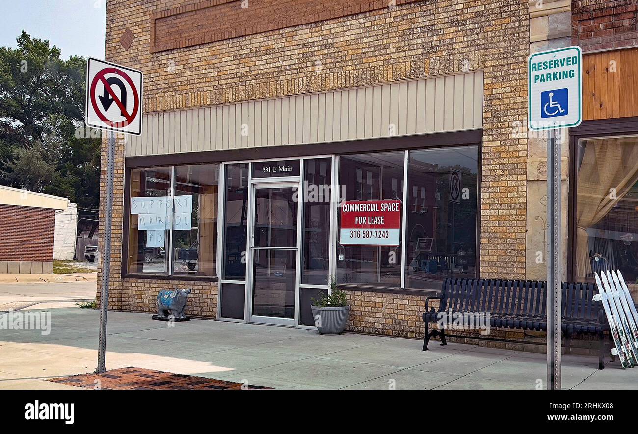 MARION, KANSAS AUGUST 17, 2023 Store front on Main Street of Marion