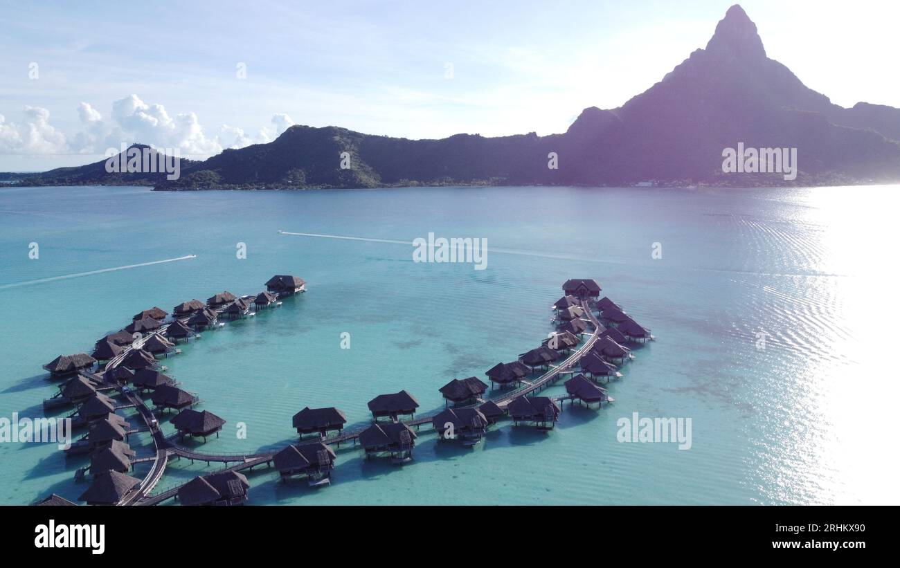 Aerial views on the different hotels of the stunning Bora Bora Atoll ...