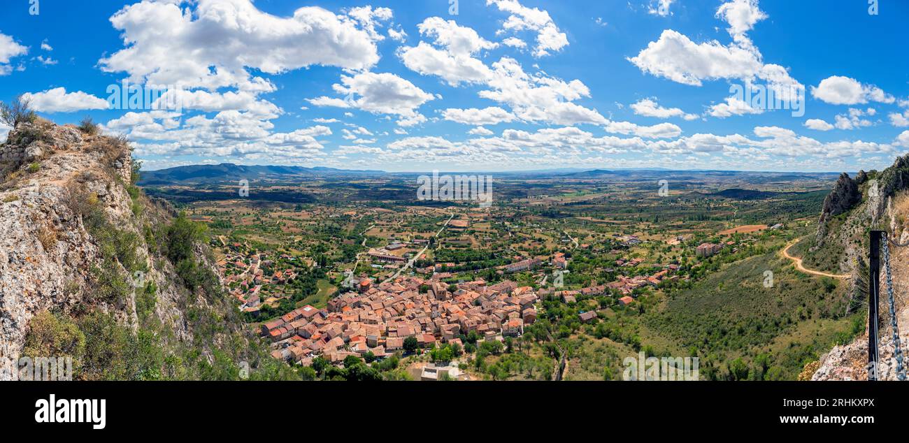 Europe, Spain, Castile and Leon, Poza de la Sal, Panoramic Views across the Village and the Valley from Rojas Castle Stock Photo