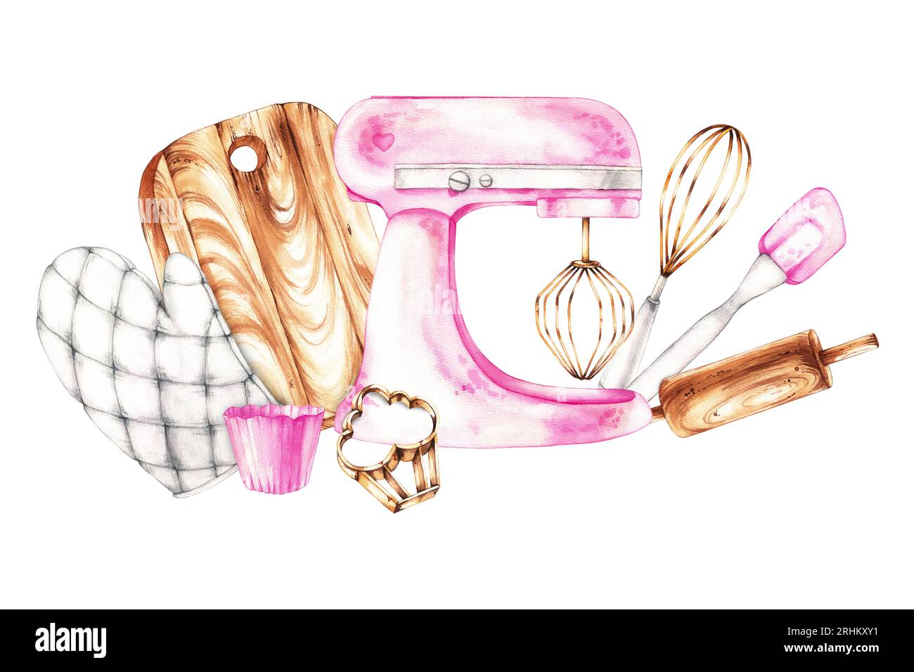 Watercolor composition of baking tools isolated on a white. Pink pastry