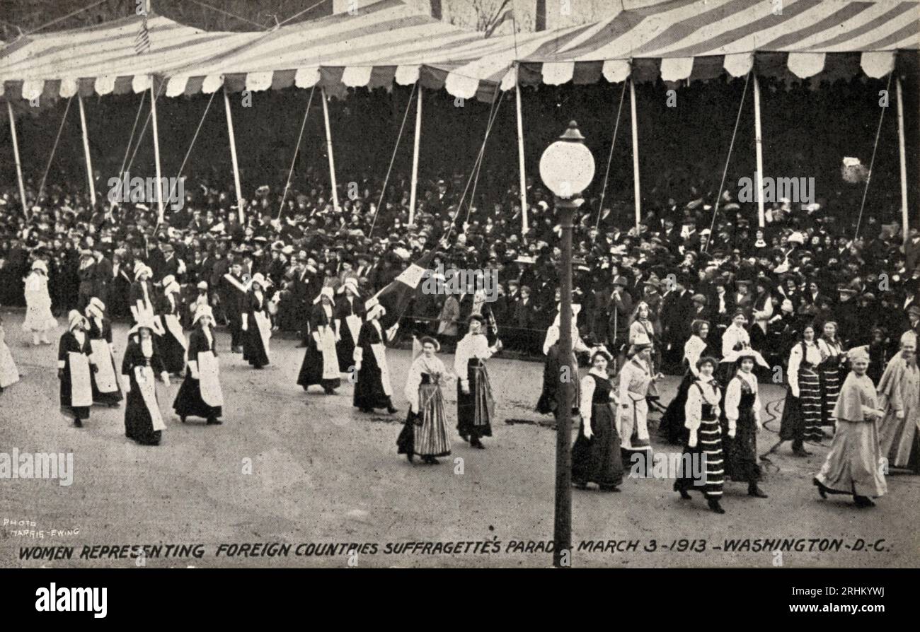 The 1913 procession was the first suffragist parade in Washington, DC. Organized by suffragettes Alice Paul and Lucy Burns for the National American Woman Suffrage Association, its purpose was to protest the political structure of American society, from which women were excluded. Stock Photo