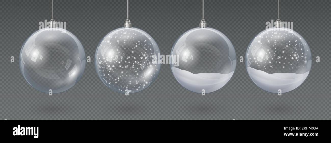 Realistic hanging glass christmas balls empty and with snow. 3d xmas tree  decoration, transparent crystal sphere with snowflakes vector set. Xmas  holi Stock Vector Image & Art - Alamy