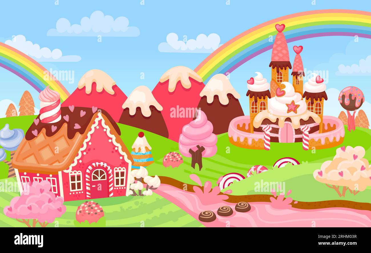 Cartoon fantasy candy land landscape with sweet castle. Fairytale