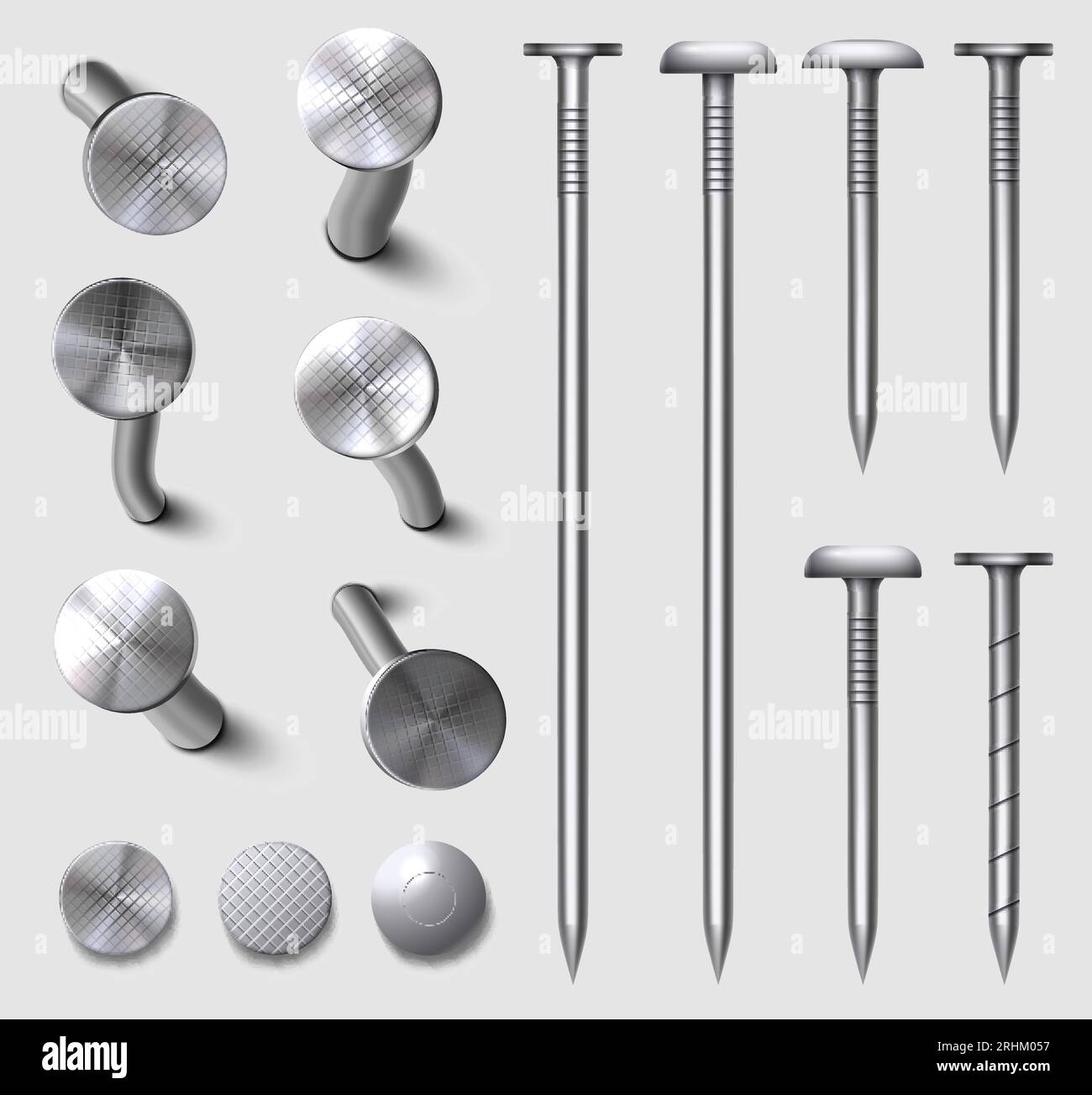 Realistic 3d straight and bent metal nails in wall. Hammered steel and iron curved nail pins and heads top view. Metallic hardware vector set. Industr Stock Vector