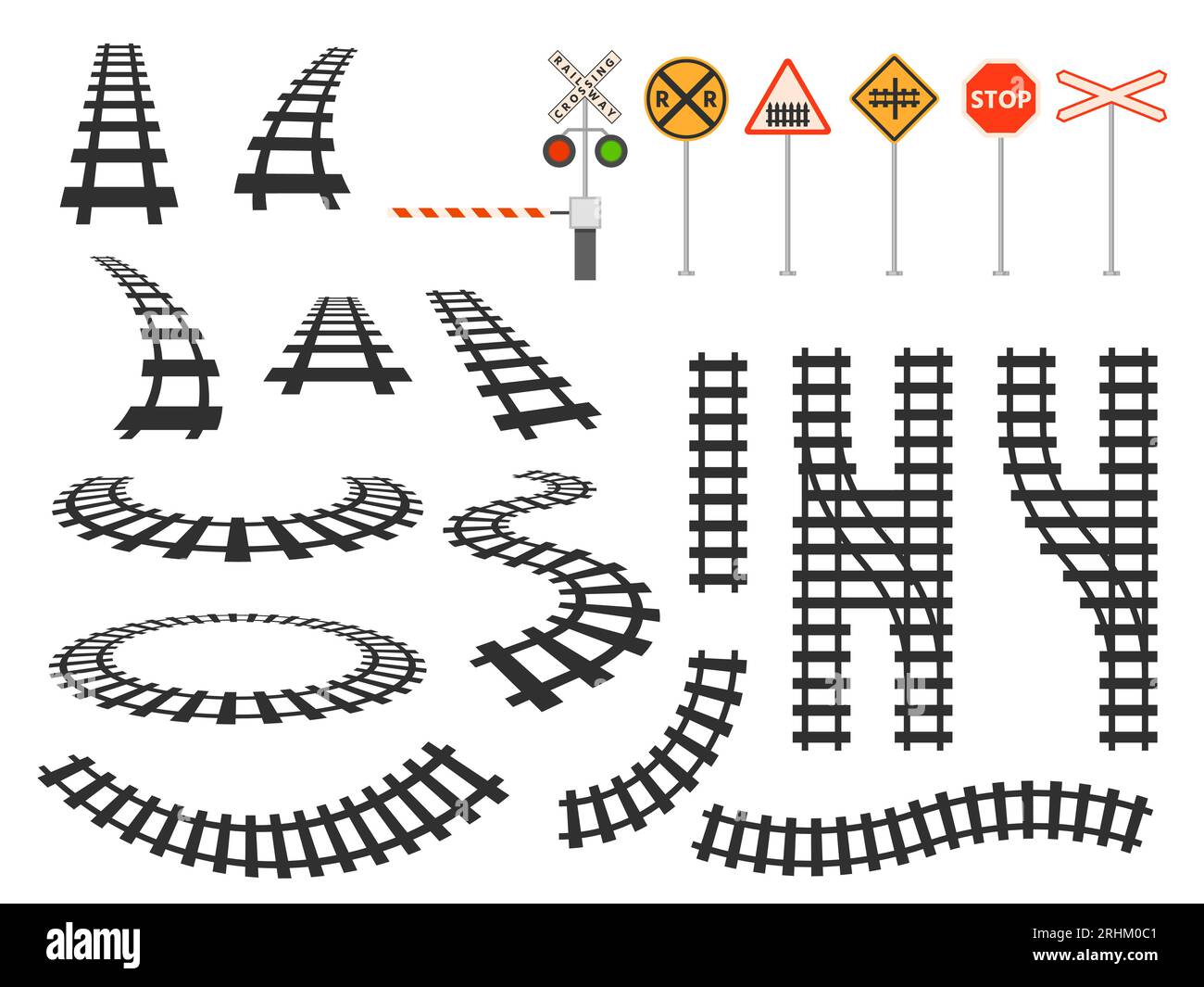 Train railway tracks curved silhouette, barrier and road signs. Railroad perspective and top map view. Tram winding roads element vector set. Illustra Stock Vector