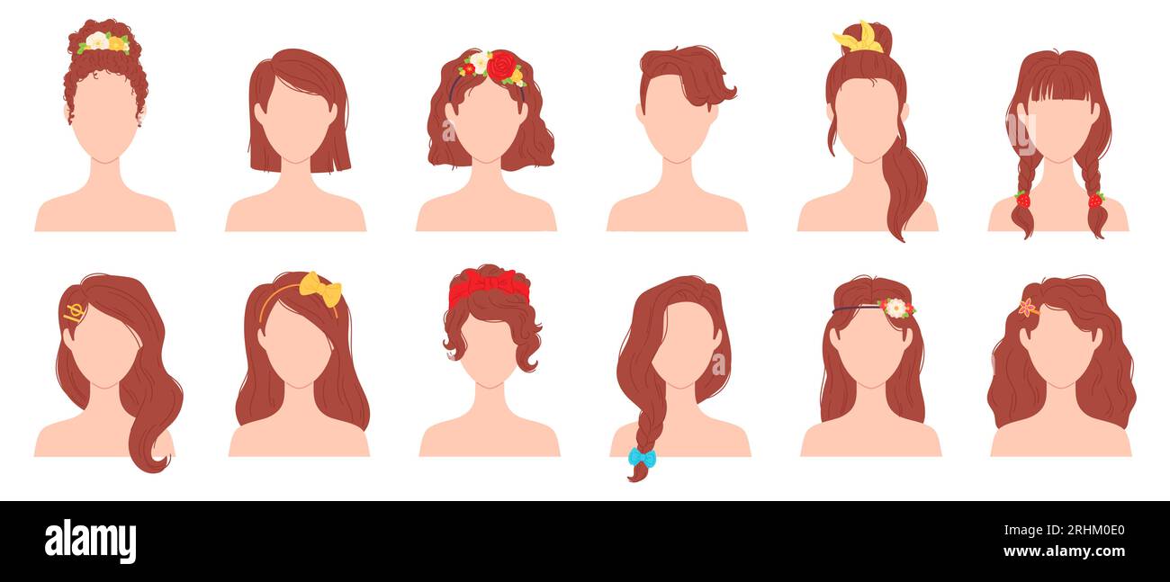 Flat woman hairstyles with flower, ribbon and bow accessory. Young