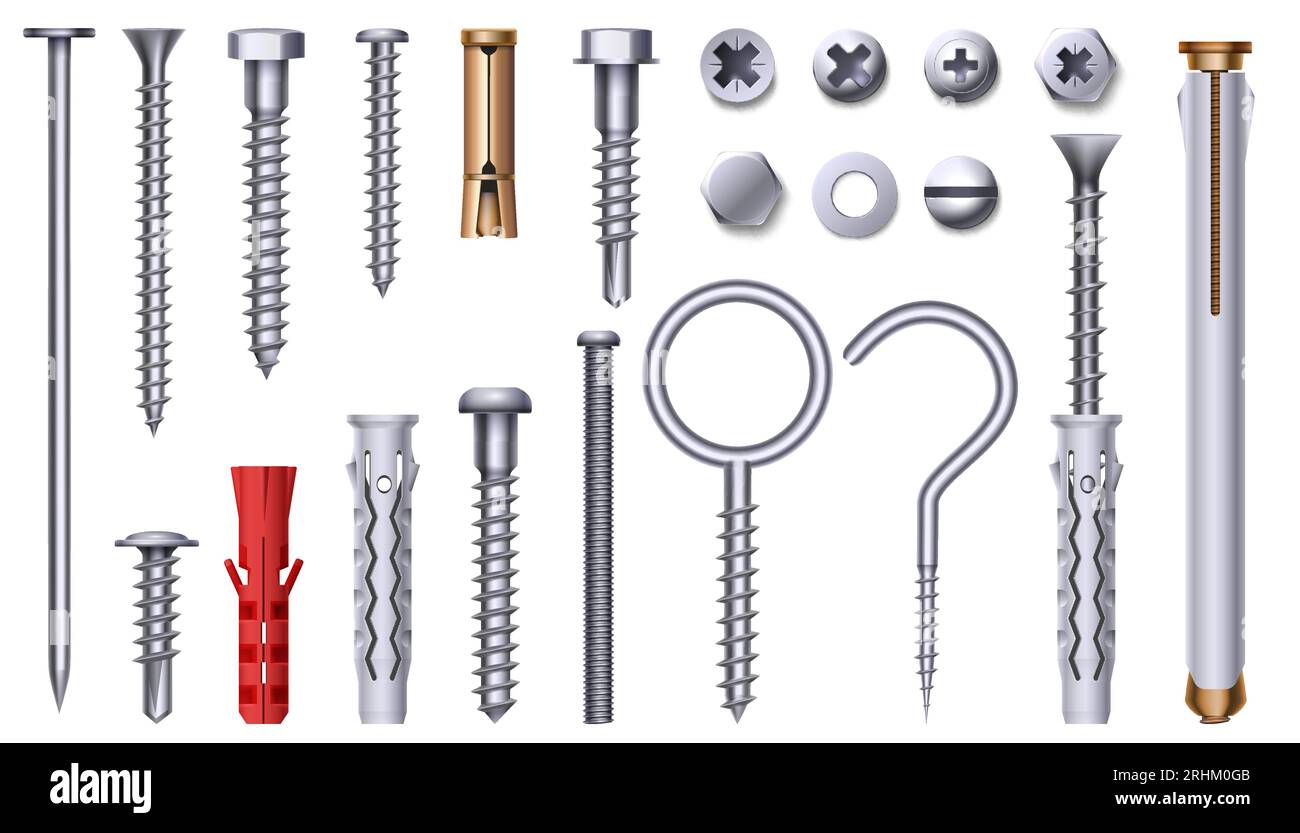 Realistic steel nut, bolt, screw and plastic dowel. 3d metal hardware elements with thread. Stainless nails, pins and studs heads vector set. Illustra Stock Vector