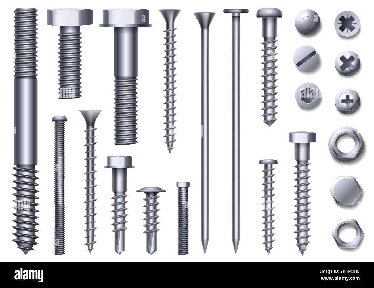 Realistic metal bolts, steel nuts, rivets and screws. Stainless