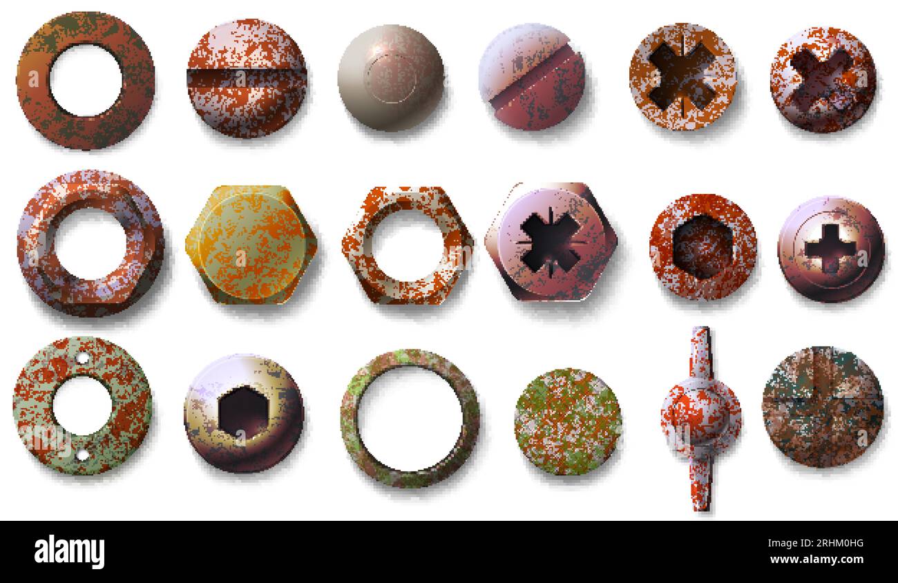 Realistic old rusty screw and bolt heads top view. Metal round and hexagon shaped nuts, nails and rivets with grunge rust texture vector set. Illustra Stock Vector