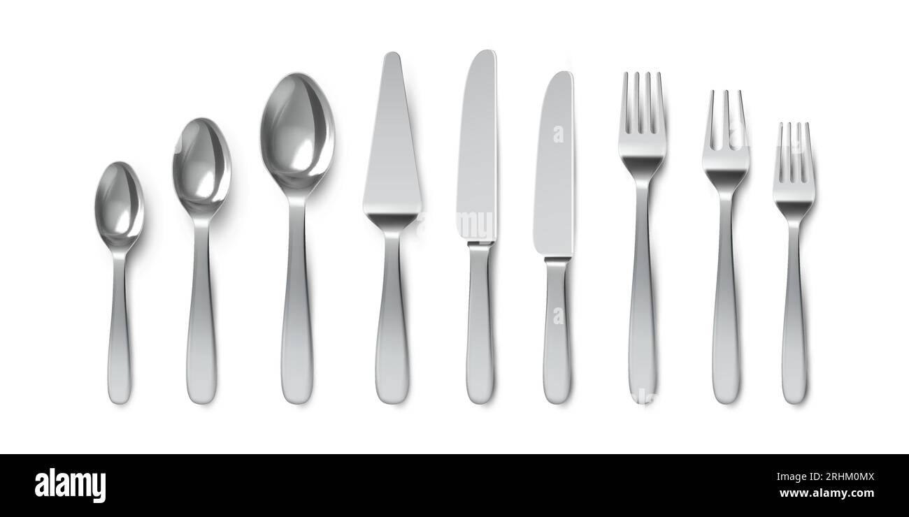 Realistic cutlery. Spoons, forks and table knives. Silverware utensil