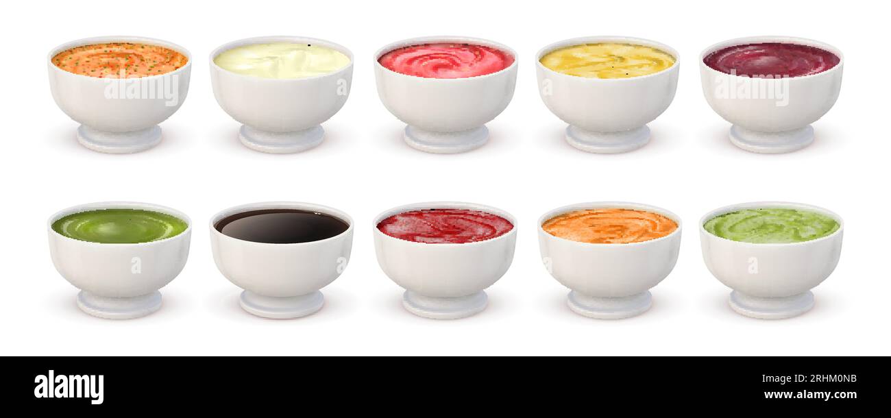 Dip sauces top view. Bowls with mayonnaise, tomato ketchup, mustard, pesto, curry and guacamole