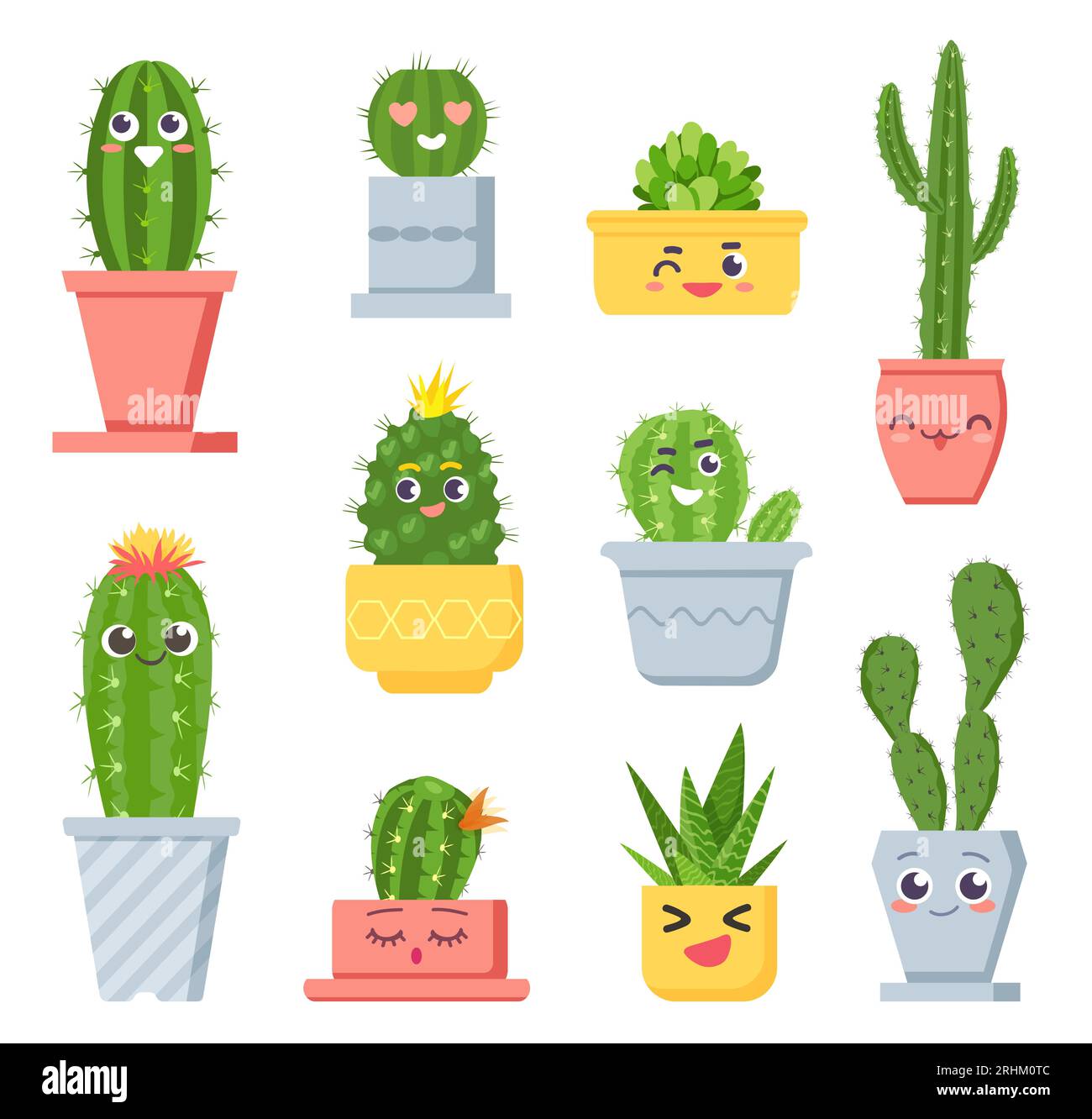 Cute cactus with faces. Cartoon succulent pot plants characters with emoji. Smiling tropical