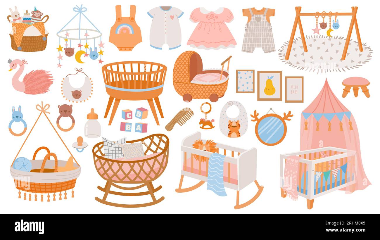 Newborn accessories. Nursery room interior elements, furniture and