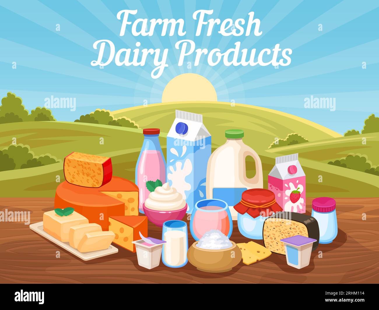 Farm fresh dairy products. Natural cow milk, cheese and yogurt in rural