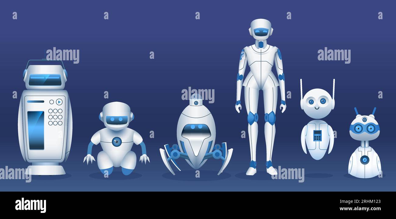 Robot characters. Cartoon futuristic robots, androids and bots. IT future technology, fun ai