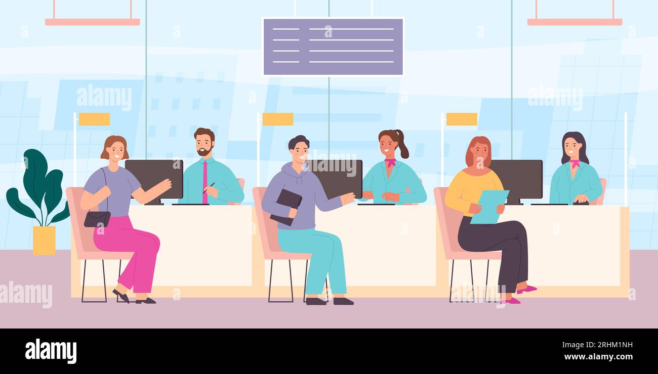 Clients in bank. Customer service counter with people and finance