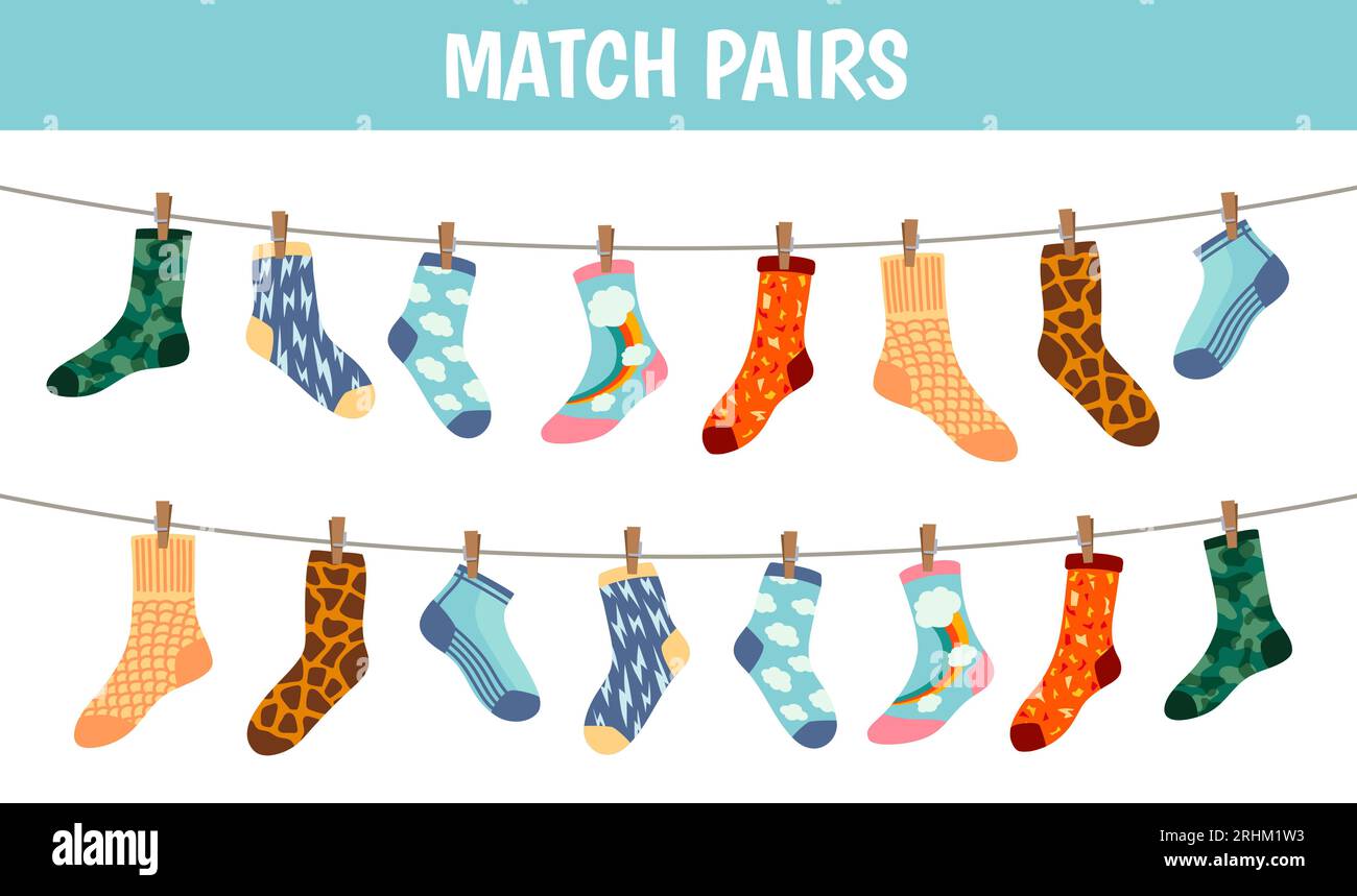 Matching socks game. Puzzle find pair. Preschool children educational  worksheet activity. Socks on laundry rope. Match sock patterns vector. Game  matc Stock Vector Image & Art - Alamy