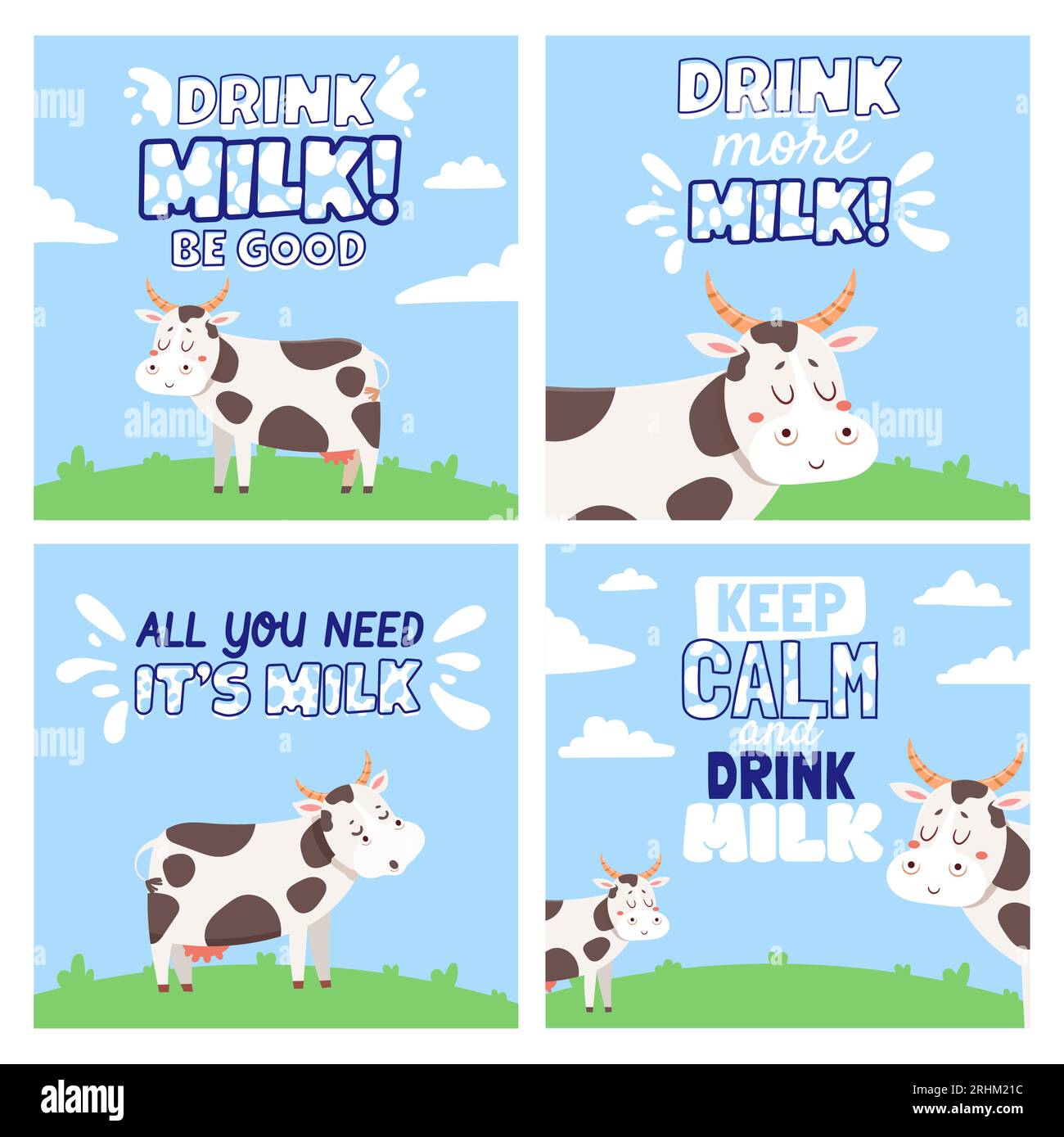 Drink cow milk. Posters with rural landscape, field, cows, splashes and
