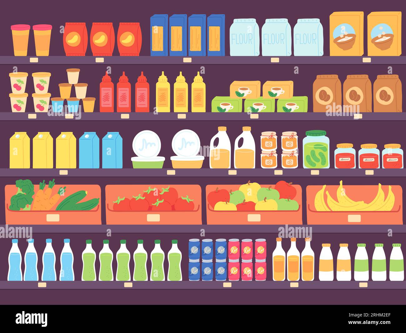 Supermarket shelves with food products. Grocery store shelf with