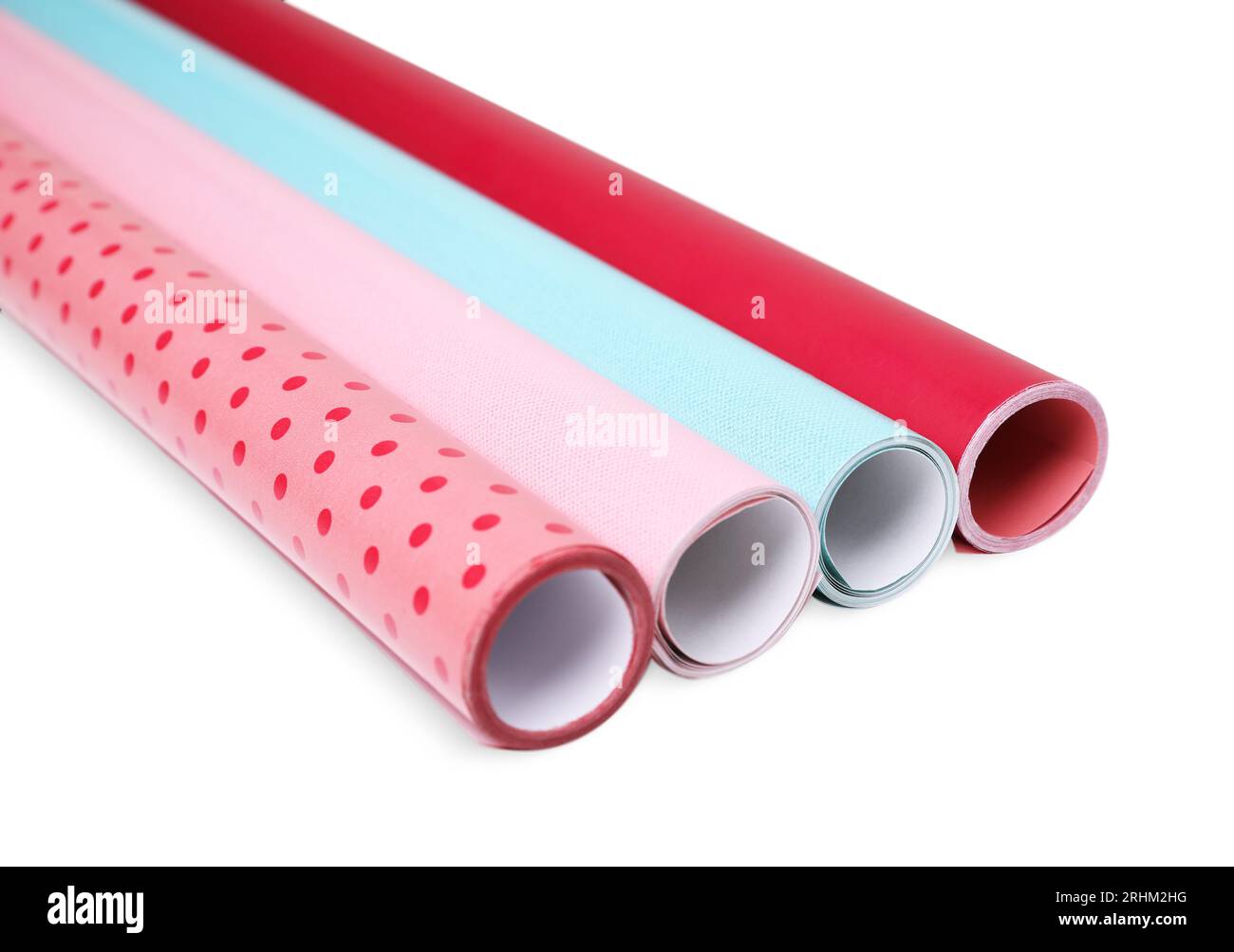 Rolls of colorful wrapping papers on white background Stock Photo - Alamy