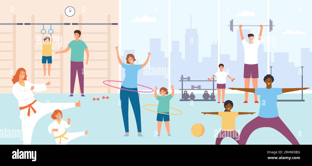 Parents and kids in gym. Families do exercise. Sport lesson or physical